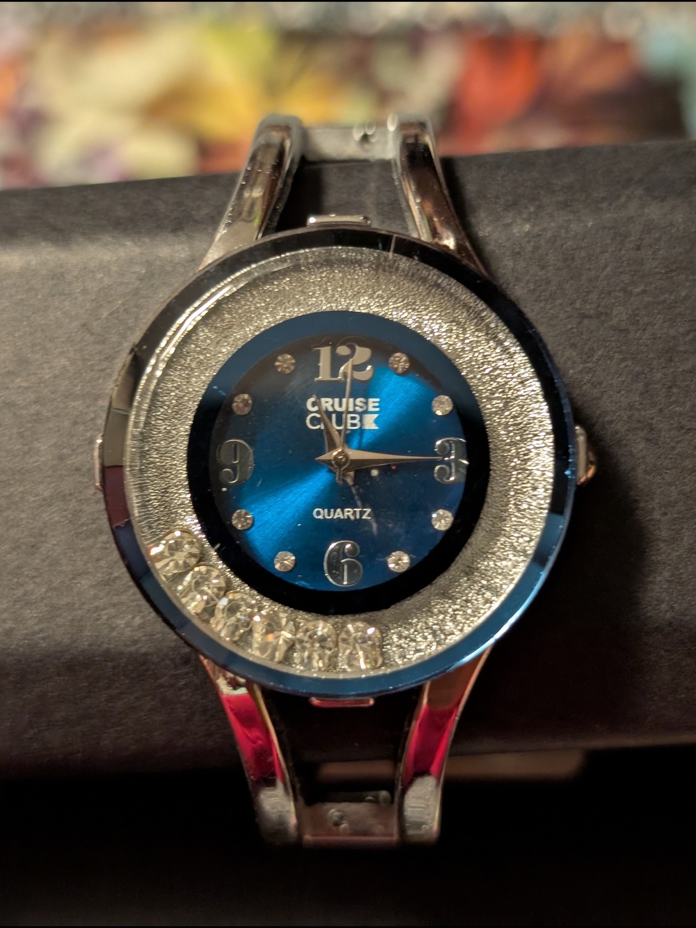 Blue Women's Quartz Watch Bangle With Crystal Accents